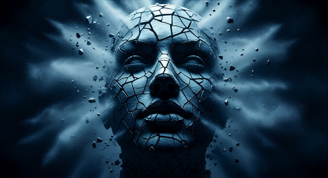Cracked human head exploding with dust particles. Stone face shattering under internal pressure against a dark background. Mental health burnout and psychology concept, ideal for wellness marketing.