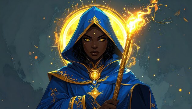 Mystical Sorceress in Blue Robes with Glowing Staff and Golden Aura, Fantasy Art.