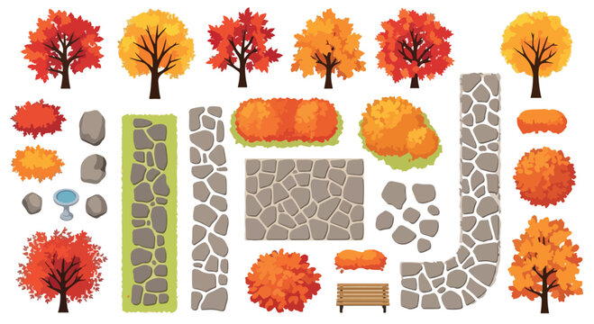 Autumn garden landscape elements, fall trees and stone path vector set, orange foliage bushes and park design assets for map creation