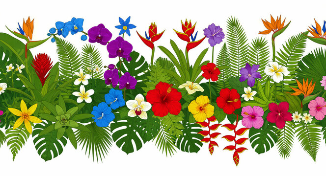Tropical flower border with hibiscus, orchids, and monstera leaves. Exotic jungle flora illustration featuring bird of paradise and palm ferns. Colorful botanical design for summer event banners.