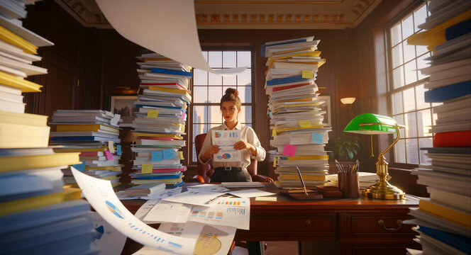 Businesswoman sitting at a desk surrounded by tall stacks of documents and flying papers. Professional female worker overwhelmed with excessive workload. Bureaucracy and stress concept.