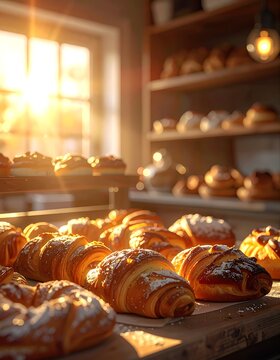 A bakery display with pastries on a table and shelves