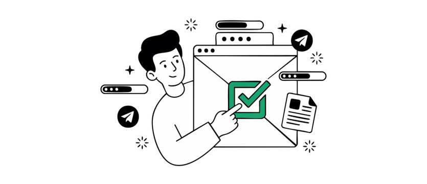 Email delivery success concept illustration of a businessman pointing at a green checkmark on an envelope, symbolizing completed task confirmation, online message sent, and efficient task management.