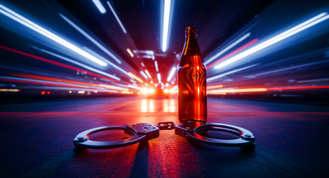Handcuffs and a beer bottle on a road with fast light trails. Police siren lights blur past a drunk driving arrest scene. DUI consequence concept for law enforcement and safety marketing.
