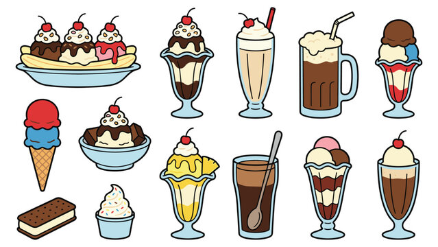 Collection of various ice cream desserts, sundaes, milkshakes, and banana split.