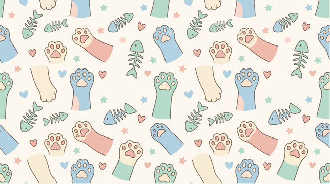 Cute seamless pattern featuring colorful cat paws and fish bones with small stars and hearts