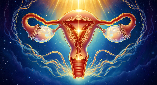 Glowing female uterus illustration against cosmic background. Ethereal anatomical depiction of fallopian tubes and ovaries. Sacred feminine energy concept for fertility and women's health campaigns.