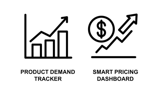 Product demand tracker and smart pricing dashboard icons with dashboard