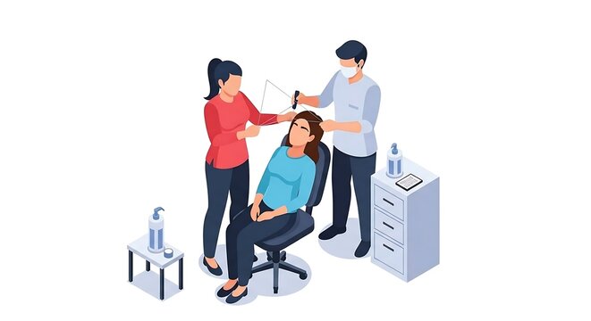 Professionals performing facial treatment on client isometric