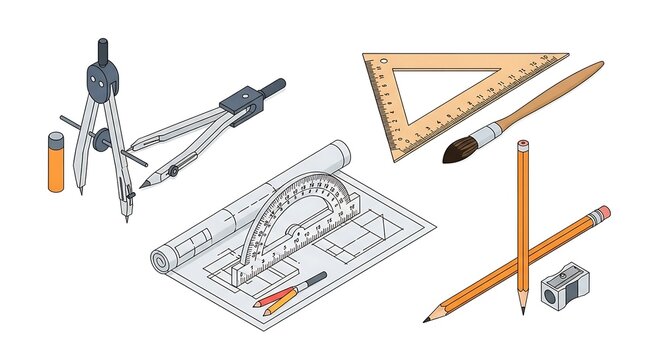Engineering drafting tools and architectural blueprint set