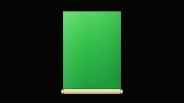 Roll up banner unrolling to reveal green screen placeholder on dark background for chroma key