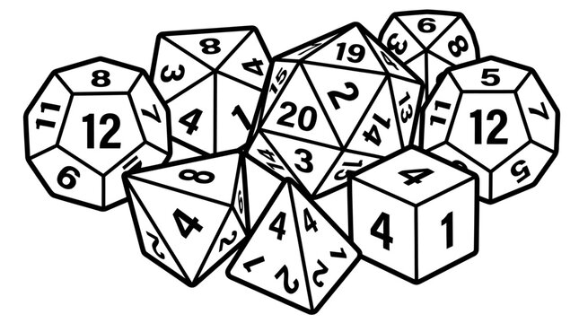 Set of numbered polyhedral dice arranged in scattered formation line art illustration