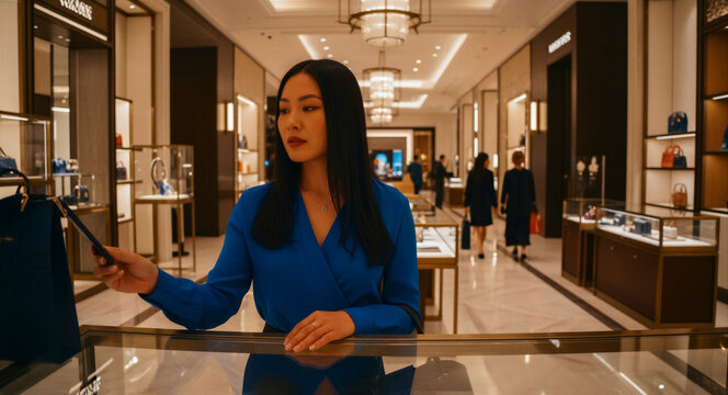 Asian woman shopping for luxury accessories in a boutique. Customer looking at designer items in glass display cases. Luxury lifestyle concept, perfect for retail and fashion marketing.