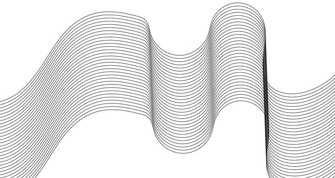 Minimalist black wave lines on white background, abstract flowing ribbon pattern, geometric linear graphic element for modern corporate branding and web design layouts