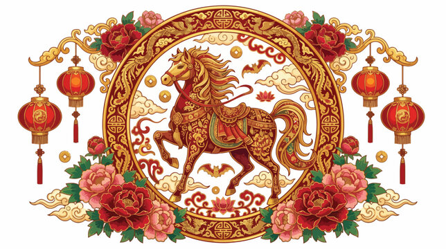 Majestic golden horse illustration featuring intricate traditional chinese patterns and vibrant red floral decorative border elements