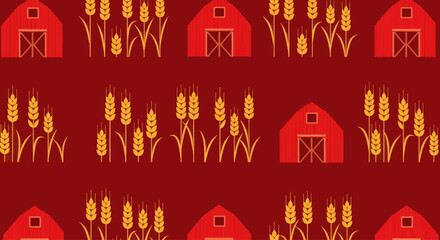 Seamless farm pattern with barns and wheat stalks on red background, graphic element © masheri