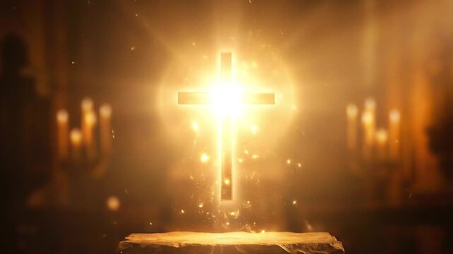 Glowing golden christian cross floating above a stone altar