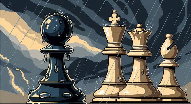 Lone black pawn standing against white king queen and bishop in heavy rain. Artistic illustration of chess pieces during a dramatic storm. Business strategy and overcoming adversity concept.