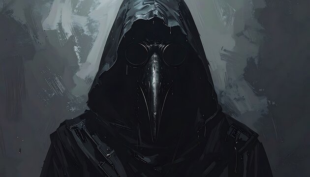 A hooded figure in a dark robe with a plague mask