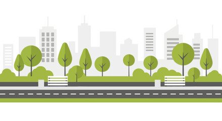 Flat design city park with trees, benches, and road, urban landscape © masheri