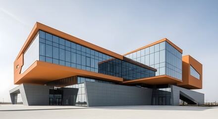Fototapeta premium Modern Architectural Building With Glass Facade And Orange Accents