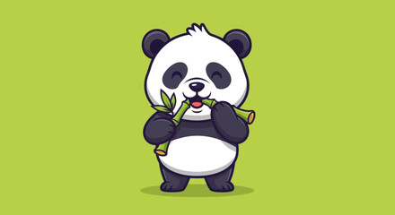 Cute cartoon panda eating bamboo graphic element isolated on green background © mazayaaba