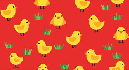 Fototapeta premium Cute cartoon chicks and grass pattern on red background, flat design graphic element