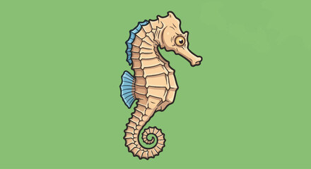 Cartoon seahorse illustration with textured body and blue fins on a green background © ksatria