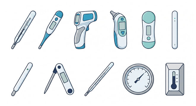 Collection of medical thermometers including digital, infrared, ear, and traditional temperature measurement devices isolated on a clean background for healthcare, educational, and diagnostic design p