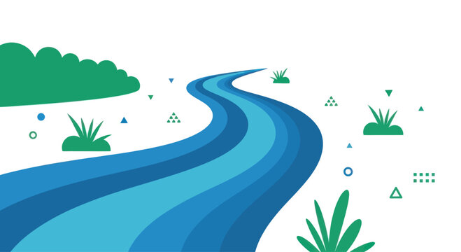Flowing river illustration with green abstract clouds and grass, minimalist graphic element