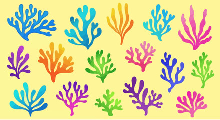 Colorful cartoon coral set, ocean reef graphic elements isolated on light yellow background. © ksatria