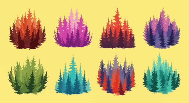 Collection of stylized pine trees in vibrant colors, graphic elements