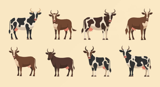 Set of diverse cartoon cows in various colors and patterns, flat graphic illustration