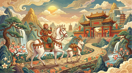 Obraz premium Monkey king riding a white horse with a goat traveling through a beautiful ancient chinese landscape