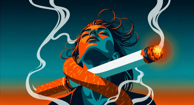 Woman being strangled by a giant lit cigarette wrapped around her neck. Illustration highlighting the suffocating nature of nicotine addiction. Anti-smoking concept for health awareness campaigns.