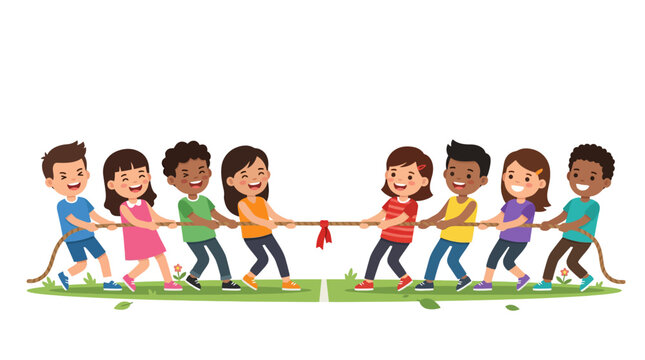 Diverse kids playing tug of war game, healthy competition, teamwork, fun outdoor activity