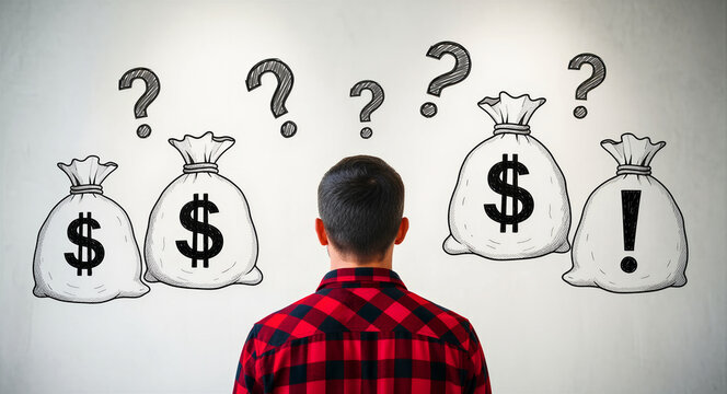 Man looking at money bag sketches and question marks. Back view of person considering financial options and investments. Money management and uncertainty concept for banking and finance.