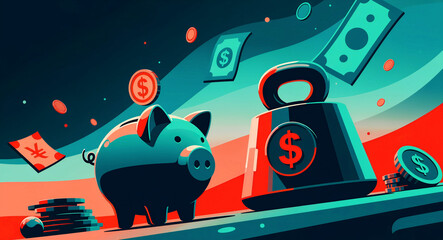 Obraz premium Piggy bank next to a heavy kettlebell weight with floating money. Stylized illustration shows coins and bills representing global finance. Concepts of inflation and debt for economic marketing.