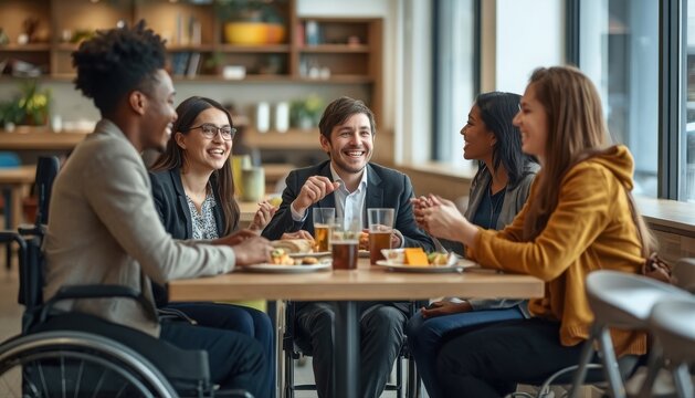 Diverse professional team including people with physical disabilities sharing a meal and conversation during a lunch meeting office culture work life business colleagues inclusive wheelchair