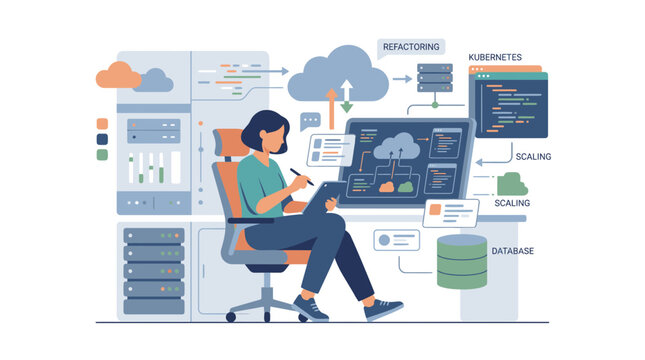Woman Managing Cloud Computing Infrastructure Data Flow Illustration.