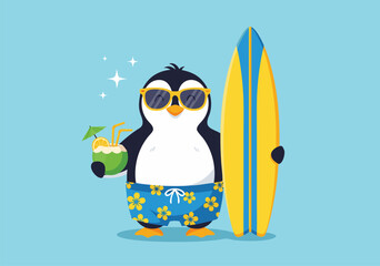 Delightful Surfer Penguin Vector Illustration for Summer Vacation Adorable Character Enjoying Tropical Beach Fun with Board © DOLARRIZ JHON
