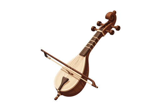 A traditional wooden gusle string instrument with a bow isolated on white.