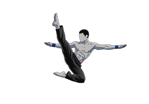 A dynamic illustration of a martial artist performing a high jumping kick.