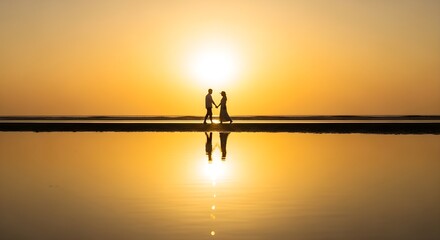 Fototapeta premium Couple Holding Hands Walking on Beach During Golden Sunset with Reflection