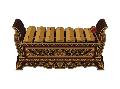 A traditional Balinese Gamelan instrument known as a Saron with intricate wood carvings.