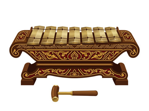 A traditional Indonesian Saron musical instrument with a wooden mallet.