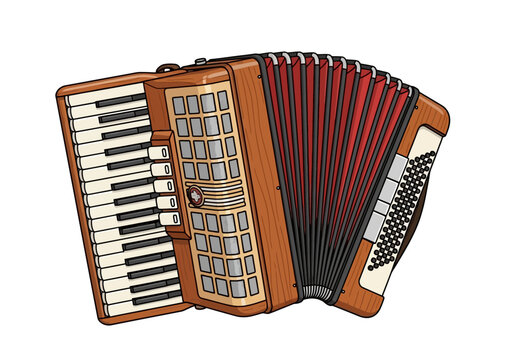 A detailed illustration of a classic brown piano accordion musical instrument.