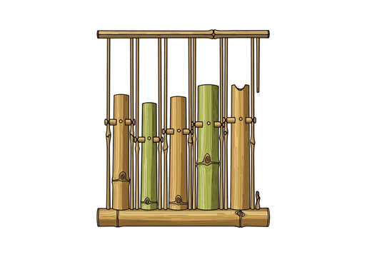 An angklung musical instrument made of bamboo tubes suspended in a wooden frame.