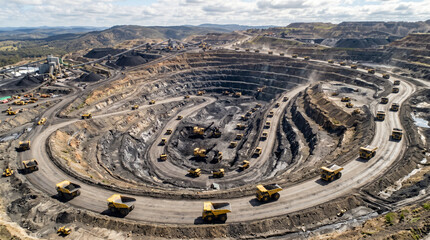 Aerial view of pit mine coal mining, dumpers, quarrying extractive industry stripping work. Big Yellow Mining Trucks. View from drone at opencast mining with lots of machinery trucks.  © pinan