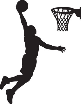 Black silhouette basketball player, dunking ball, hoop, sports icon, athletic vector